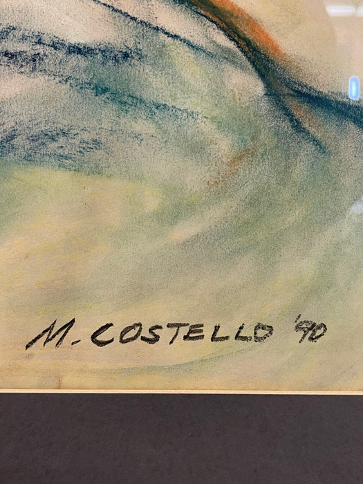Vintage Mid Century Modern '90 Pastel Portrait Drawing Signed M. Costello, Framed Original Artwork