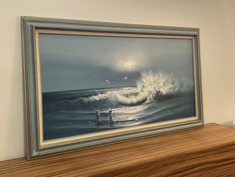 Vintage Signed and Framed Original Painting of Seascape With Waves on Canvas
