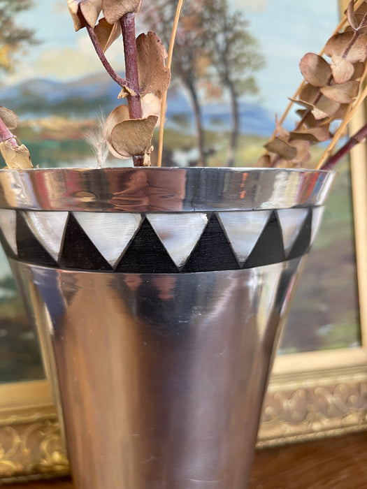 Vintage Towle Silversmiths Modernist Metal Vase with Black and Mother-of-Pearl Geometric Inlay