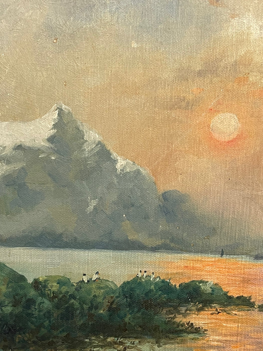 Vintage Framed Mountain Landscape Painting, Snow-Capped Peaks at Sunset, Mid-Century Scenic Wall Art.