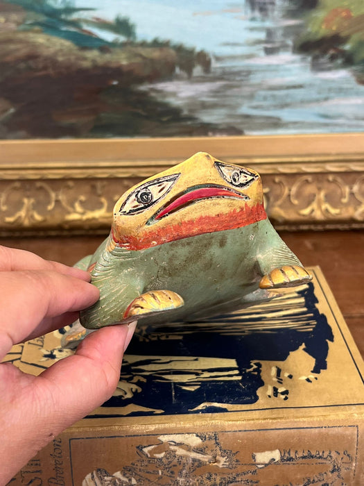 Vintage hand carved and hand painted wooden Frog Figurine