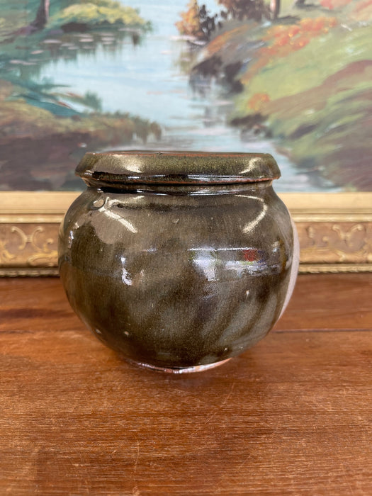 Vintage Studio Pottery Jar with Glazed Bird Silhouette and Earthy Green Finish