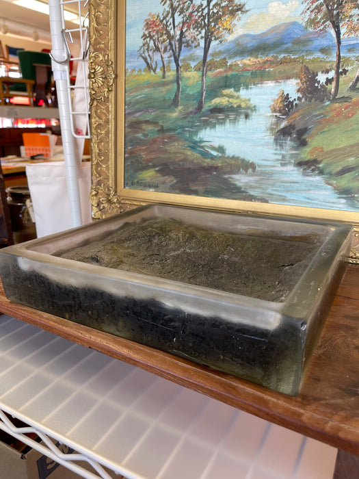 Vintage Brutalist Style Cast Glass Block Sculpture with Textured Relief Surface