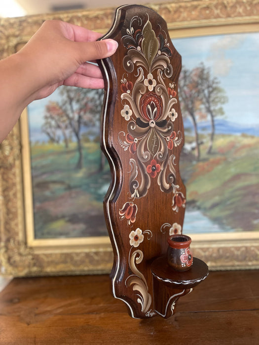 Possibly Norwegian Hand-Rainfed Resemaling Wall Pocket with Candlestick Holder or Miniature Vase, Signed by Kaja, 1990-Scandinavian Folk Art Decor.