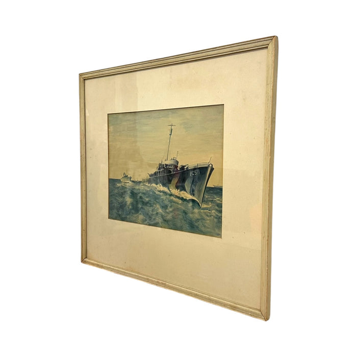 Original WWII US Navy PC-571 Submarine Chaser Gouache Painting – Vintage Framed Maritime Military Art