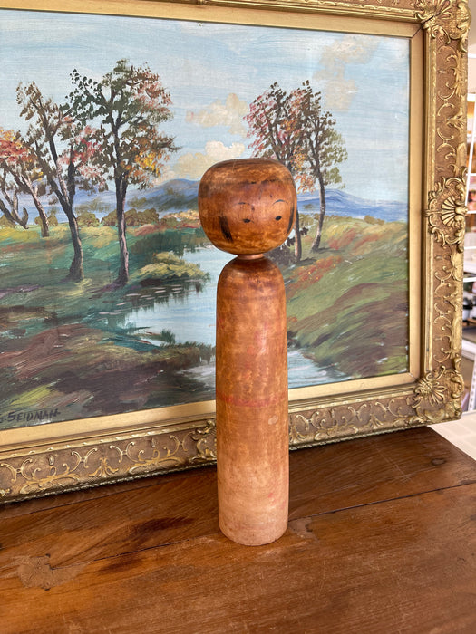 Vintage Japanese Kokeshi Doll with Hand-Painted Floral Detail and Carved Wood Base