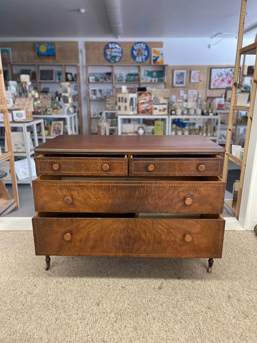 Possibly Early 19th Century Likely Mahogany Chest of Drawers with Dovetailed Drawers, Burl accents, Wood Inlay, and Turned Knobs, Stamped