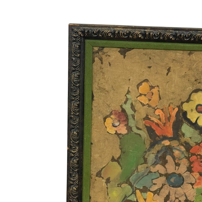 Vintage Signed Floral Still Life Mixed Media Painting on Textured Board in Ornate Frame Possible Batik Print.