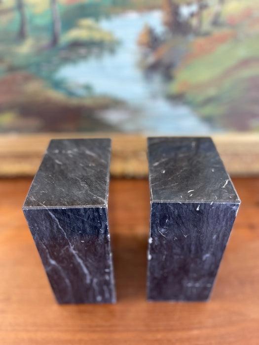 Vintage Black Likely Marble Bookends - Solid Rectangular Pair with White Veining, Mid-20th Century