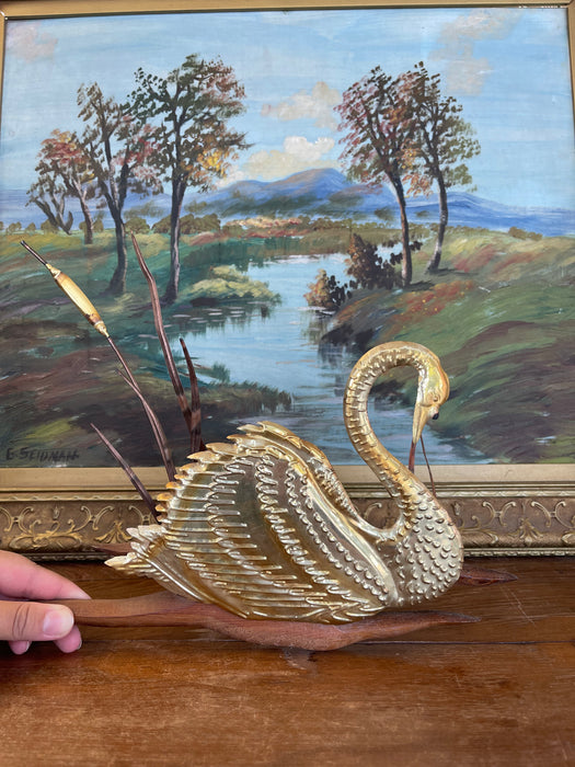 Vintage Swan Wall Sculpture with wood Backing, Mid-Century Modern style