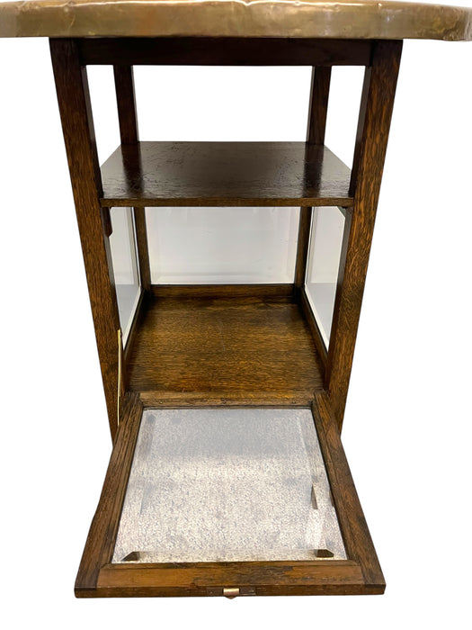 Vintage Arts & Crafts Side Table with Hammered Brass Tray Top and Glass Display Cabinet