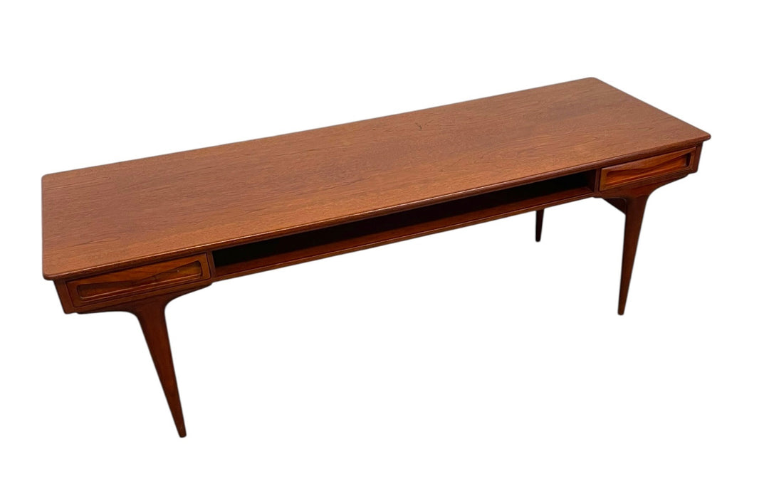 Vintage Mid Century Modern Danish Style Coffee Table with Sculpted Drawer Pulls and Open Shelf Storage