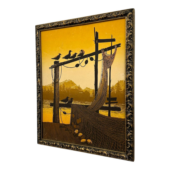 Vintage Walton Butts "Fishnets" Signed Serigraph – Mid-Century Modern Coastal Harbor Silkscreen Print.