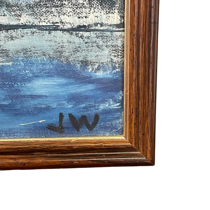 Vintage Framed Snow-Capped Mountain Lake Landscape Painting, Signed, Blue Tonal Scenic Wall Art.