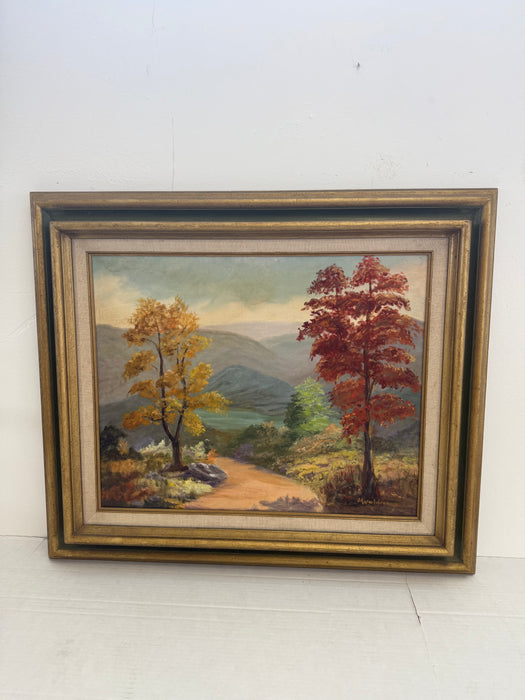 Signed Vintage Framed Scenic Landscape Oil Painting featuring Trees, Mountain Path, Rustic Wall Art, Mid Century Modern Style Original Nature Artwork