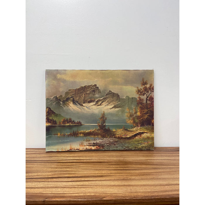 Vintage Landscape Print on Canvas. Mountains Over a Lake.