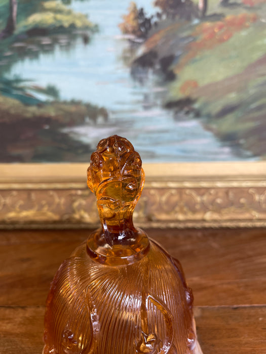 Vintage Amber and White Cased Art Glass Bell with Figural Handle