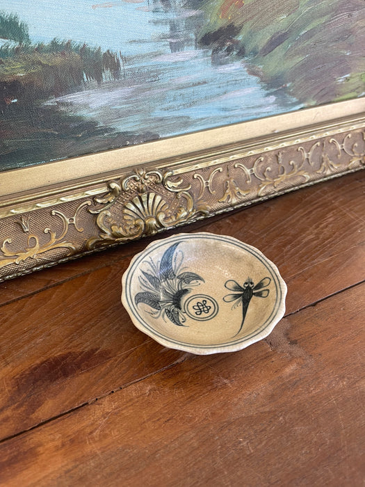 Vintage Vietnamese Ceramic Tea Bowl with Hand-Painted Dragonfly and Botanical Motif