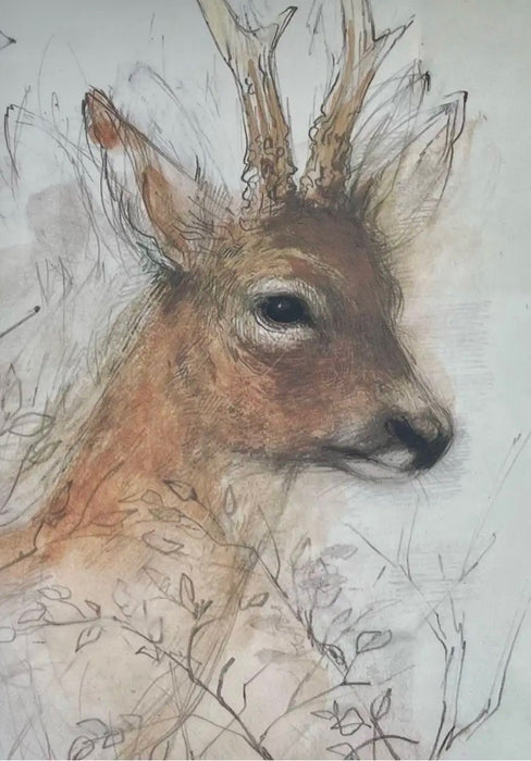 Vintage Original Wood Framed and Signed Deer and Tree Artwork.