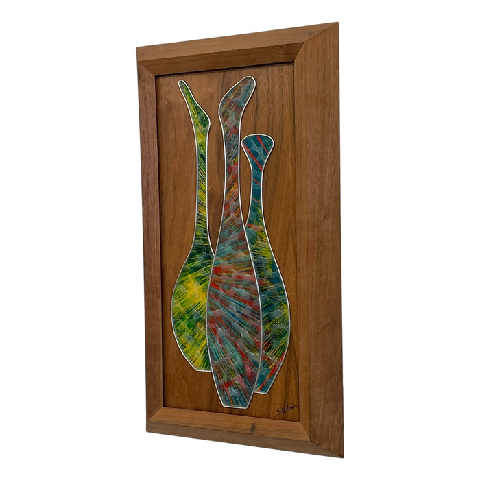 Vintage Mid-Century Modern Abstract Mixed Media Wall Art by Sheldon in Walnut Toned Frame
