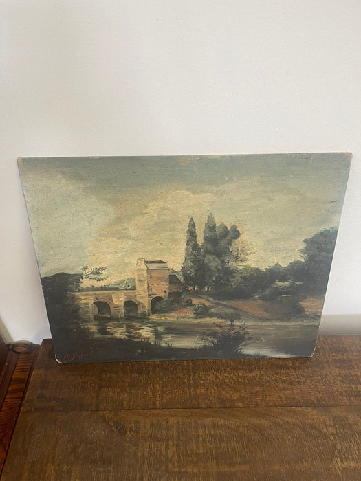 Vintage Oil on Canvas signed painting of a Moody Bridge and Landscape Scene.