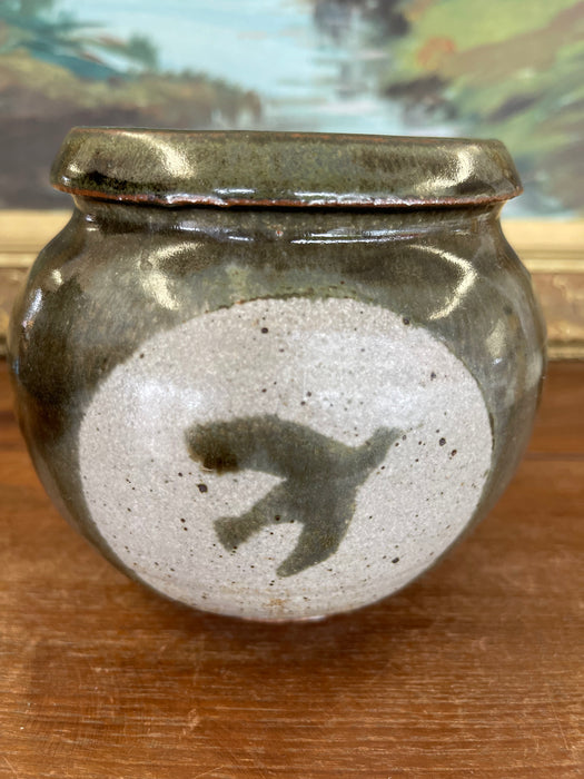 Vintage Studio Pottery Jar with Glazed Bird Silhouette and Earthy Green Finish