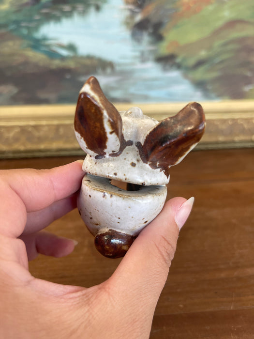 Handmade Studio Pottery Bunny Card Holder with Brown Glaze Accents.