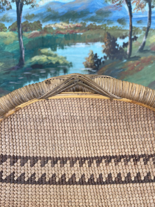 Vintage Likely Early 20th Century Native American Mission Basketry Bowl with Stepped Geometric Pattern.