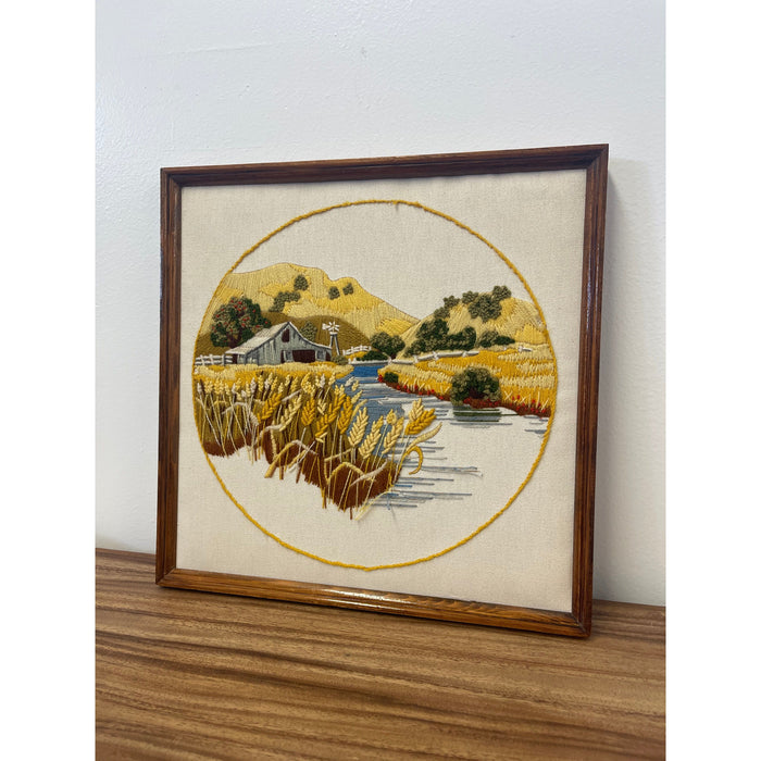 Vintage Framed Embroidered
Landscape Farm Scene