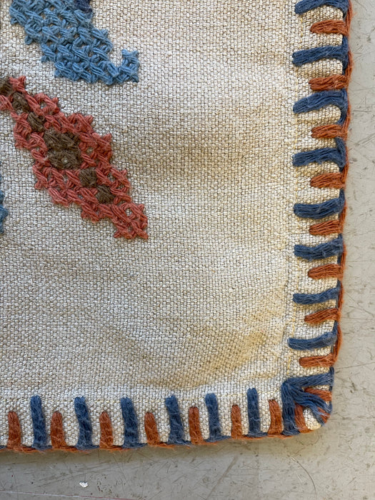 Vintage Hand-Embroidered Possibly Wool and Linen Floral Folk Art Rug with Geometric Border