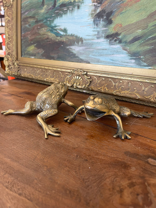 Pair of Vintage Brass Toned Crouching Frog Sculptures with Open Mouth and Textured Detailing.