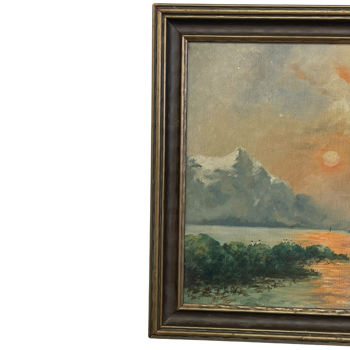 Vintage Framed Mountain Landscape Painting, Snow-Capped Peaks at Sunset, Mid-Century Scenic Wall Art.