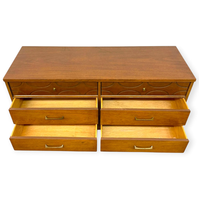 Vintage Bassett Mid Century Modern Walnut Double 6 Drawer Dresser with Carved Details.