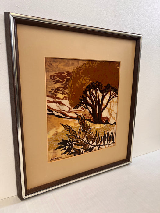 Vintage Mid Century Modern Batik Style Abstract Framed Painting Landscape