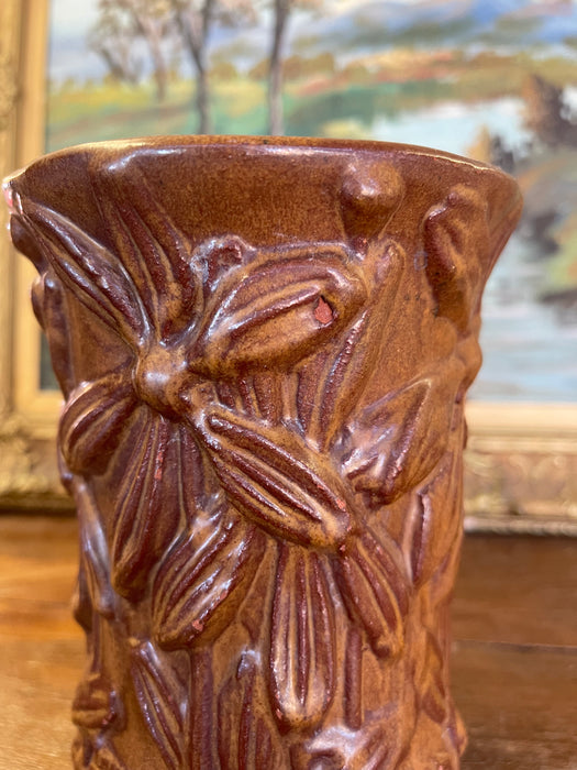 Vintage Red Wing Pottery Brown Glazed Floral Relief Vase