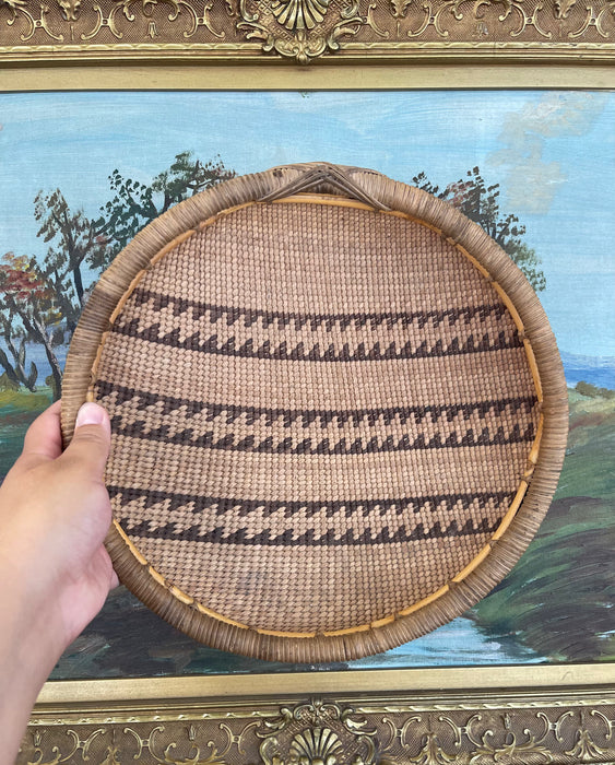 Vintage Likely Early 20th Century Native American Mission Basketry Bowl with Stepped Geometric Pattern.