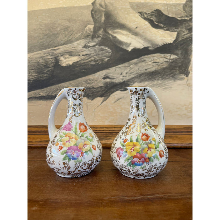 Pair of Vintage White Vases With Flower Motif