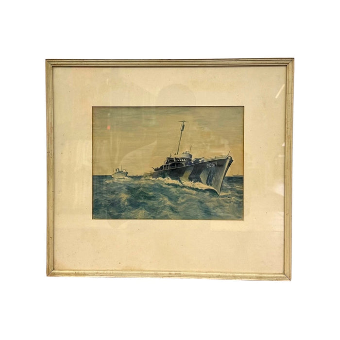 Original WWII US Navy PC-571 Submarine Chaser Gouache Painting – Vintage Framed Maritime Military Art
