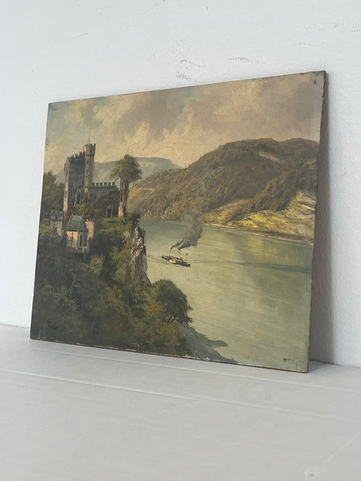 Vintage signed Scenic painting of a castle on the water.