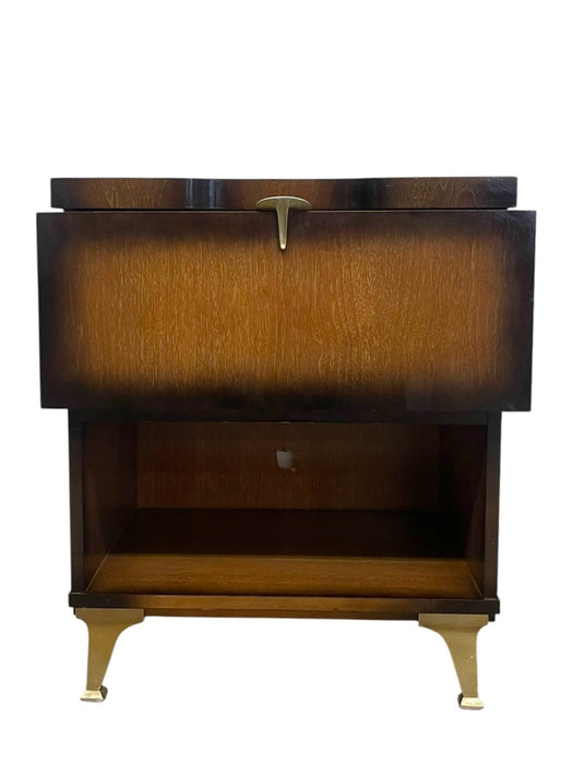 Vintage Mid-Century Modern Drop-Front Nightstand / Bedside Cabinet with Interior Drawer and Brass-Toned Legs