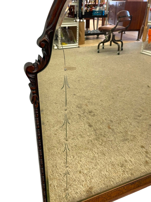 Vintage Carved Wood Arched Wall Mirror with Etched Glass Panels
