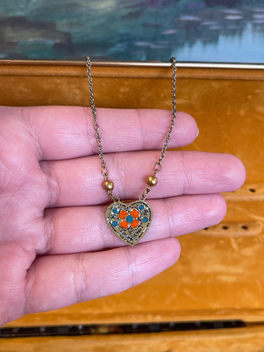 Vintage Heart-Shaped Choker with Enamel Floral Motif on Mixed-Metal Chain