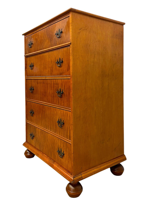 Vintage 5-Drawer Chest with Figured Wood Grain, Dovetailed Drawers and Brass-Toned Hardware