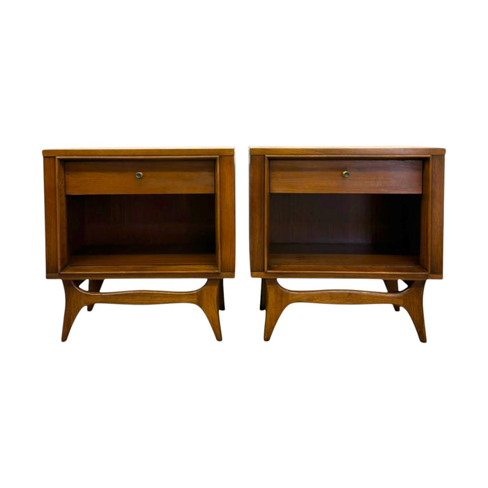 Vintage Mid Century Modern Walnut Nightstands with Sculpted Stretcher Base and Faux Turquoise Handle Inlay- Pair