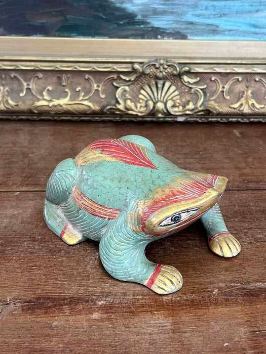 Vintage hand carved and hand painted wooden Frog Figurine