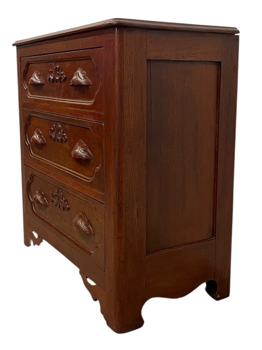 French Provincial Style Three-Drawer Chest with Carved Leaf Motifs and Dovetail Joinery