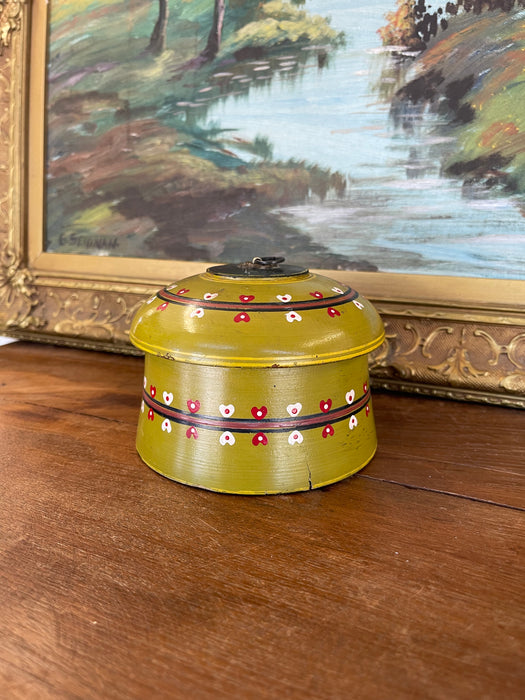 Vintage Hand-Painted Lacquered Wood Lidded Box with Heart Motif