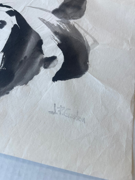 Vintage Chinese-Style ink Painting of Pandas on Rice Paper, Signed J.R Gaston