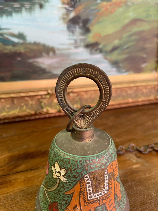 Vintage Brass Toned Hanging Bell with Hand-Painted Elephant and Floral Motifs, India