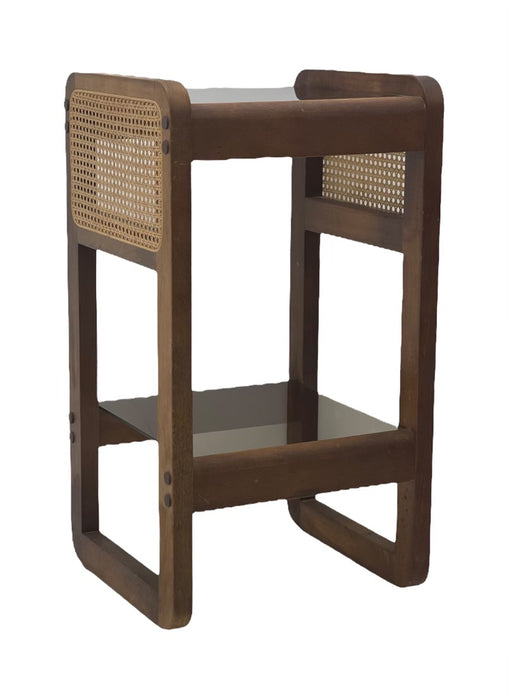 Art Deco walnut side table with Rattan and glass top